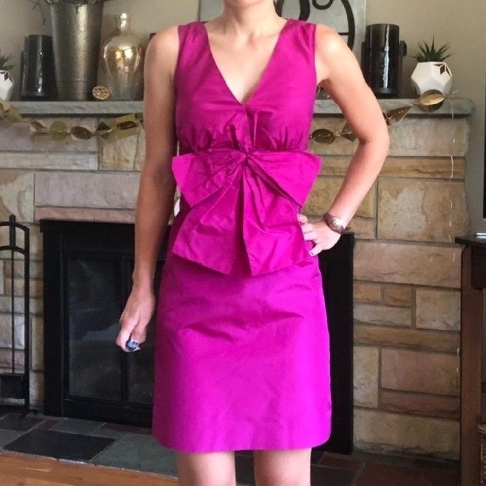 Kate Spade New York Magenta Pink 100% Silk Oversized Bow V-Neck Cocktail Dress 2